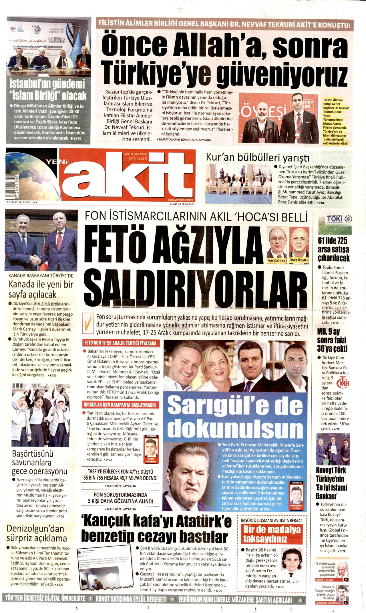 Yeni Akit Gazetesi gazetesi manşeti
