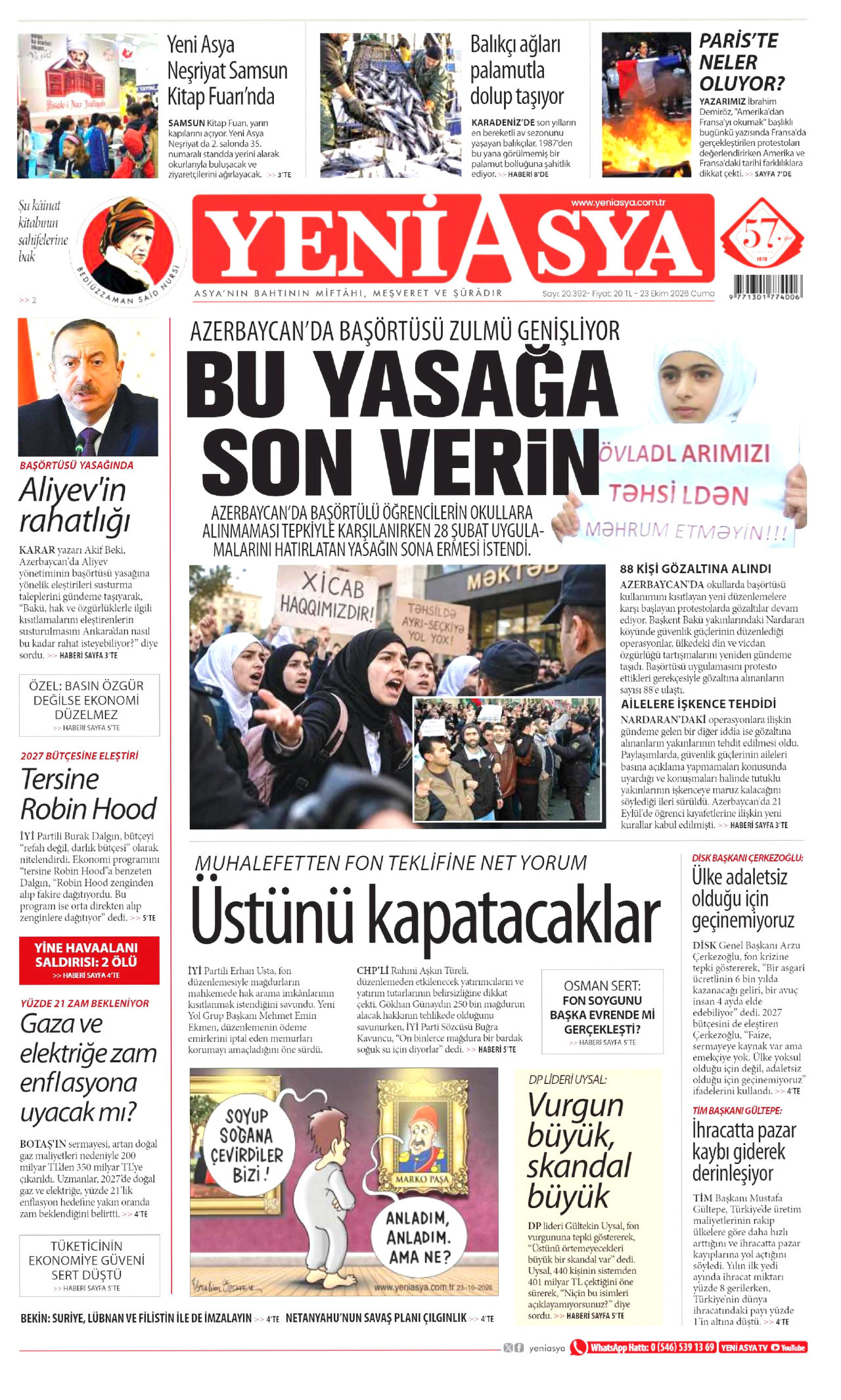 Yeni Asya Gazetesi gazetesi manşeti